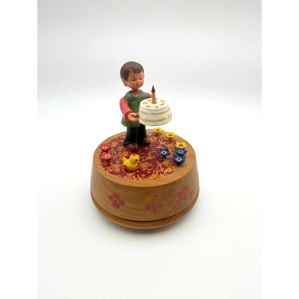Vintage Anri Wooden Music Box Birthday Boy Cake Spinning Italy 4.5"